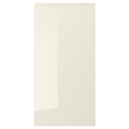 VOXTORP: beige high-gloss kitchen cabinet door with sleek, clean lines and integrated handles.