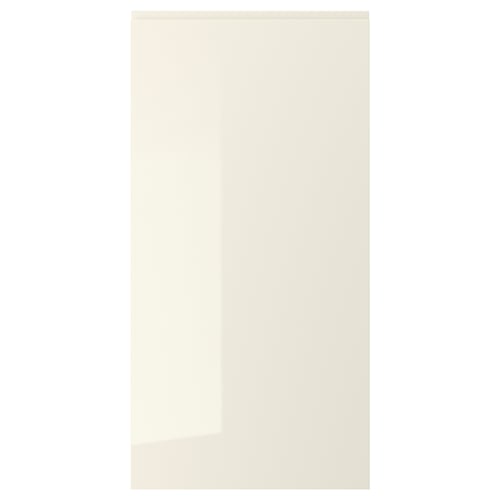 A sleek, beige high-gloss cabinet door with integrated handles, part of the VOXTORP collection.