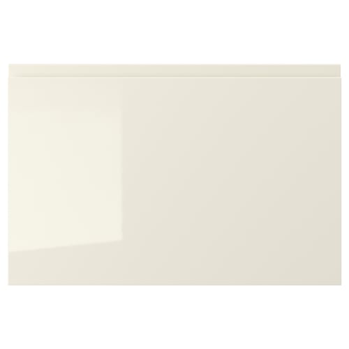 VOXTORP beige high-gloss kitchen cabinet with integrated handles.
