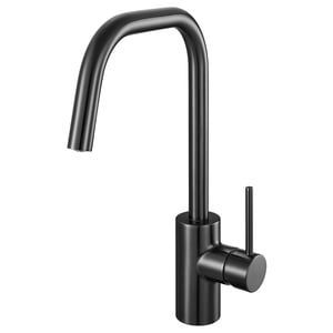 Black modern kitchen tap with curved spout, cylindrical body, and lever handle. Sleek and elegant design.