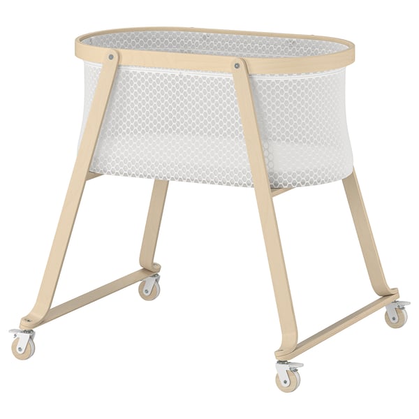 Beige ÄLSKVÄRD bassinet with mesh, wheels, wood & fabric.