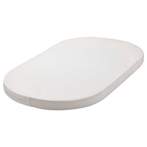 An oval white ÄLSKVÄRD baby mattress with a simple design, made from polyester and cotton materials.