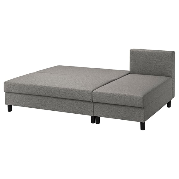 Grey l-shaped sofa bed, knisa fabric, black legs.