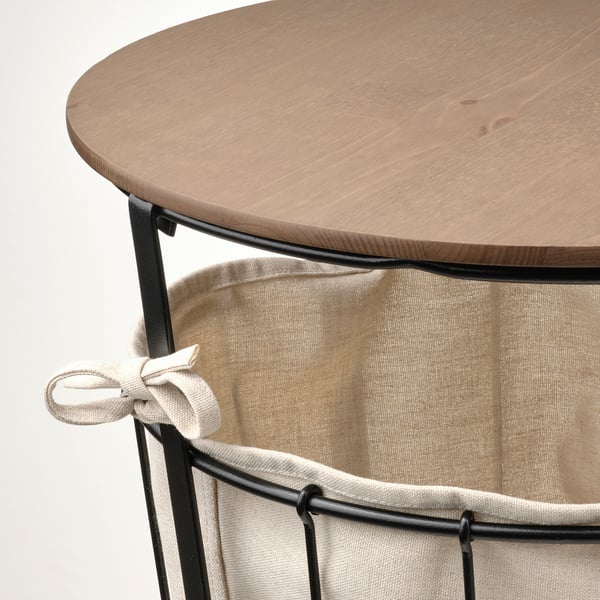 Wooden tabletop with metal base and canvas bag