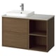 Modern wooden bathroom vanity with white countertop, sink, and open shelving.