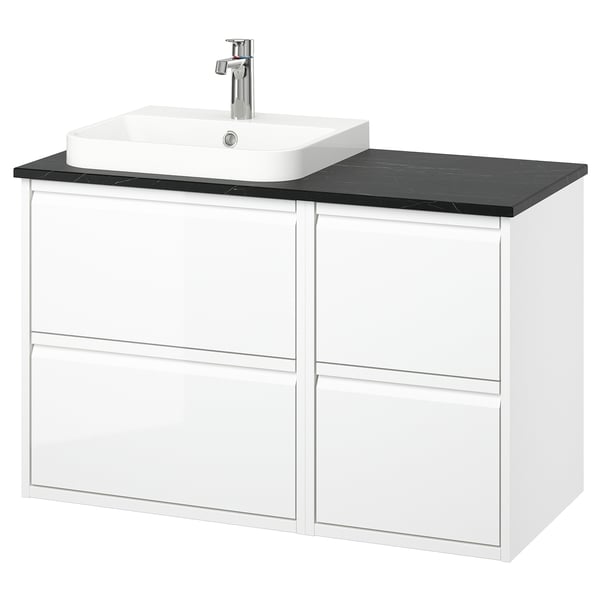 ÄNGSJÖN: white wall-hung vanity, 4 drawers, black marble countertop, square modern sink.
