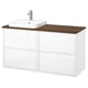 Modern white bathroom vanity with wood countertop, rectangular sink, and minimalist handles.