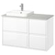 White modern bathroom vanity, wall-mounted with 4 drawers, sleek design, chrome faucet, marble basin.