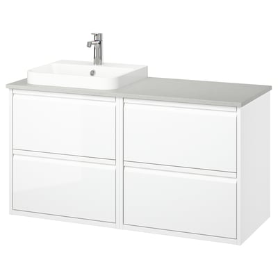 Modern white bathroom vanity with two drawers and a marble countertop. Square sink and chrome faucet.