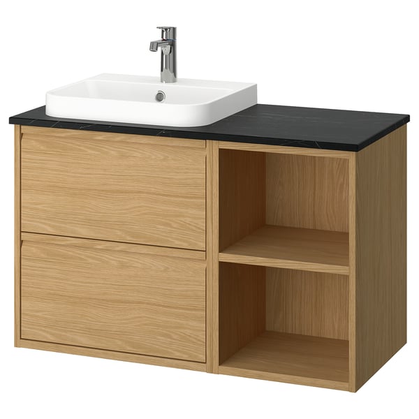 Modern bathroom vanity, oak. Square sink, open shelves, drawers.