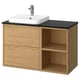 Modern bathroom vanity, oak. Square sink, open shelves, drawers.