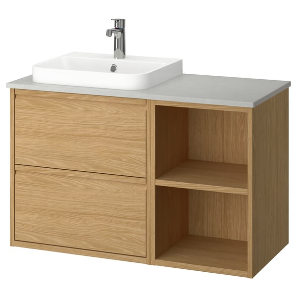 Modern oak bathroom vanity with open and closed storage, light gray countertop, white sink, chrome faucet, wall-mounted.