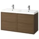 Modern minimalist wall-mounted sink cabinet with dark wood storage.
