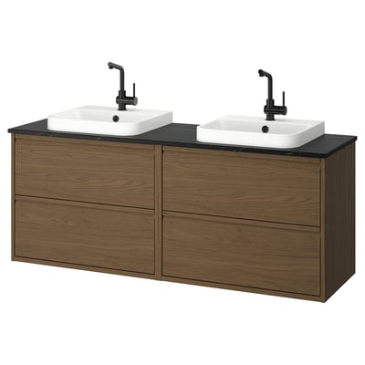 Double bathroom vanity, brown oak effect, two white sinks, sleek black countertop, wall-mounted, modern minimalist design.