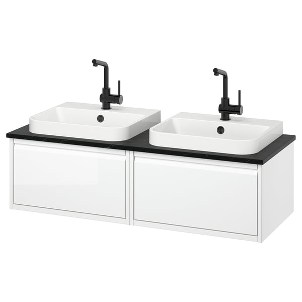 Modern white dual sink vanity. Matte handles, black accents, marble basins.