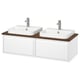 Modern dual sink vanity in white with wood countertop, chrome fixtures.