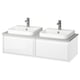 Double white wall-mounted bathroom vanity, rectangular sinks, chrome faucets, sleek design.