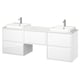 White modern bathroom vanity with marble countertop and two rectangular sinks.