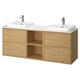Modern dual vanity, oak, 2 sinks, wall-mounted, open & drawer storage.