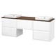 Double white vanity with wooden countertop, two sinks, and multiple drawers for storage. Modern and sleek design.