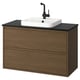 Modern oak bathroom vanity with black countertop, white basin, matte black faucet, wall-mounted style, two drawers.