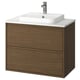Modern bathroom vanity, wood finish, square sink, chrome tap.