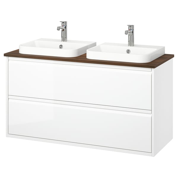 A white ÄNGSJÖN bathroom vanity with wooden countertop, holding two rectangular sinks and chrome faucets.