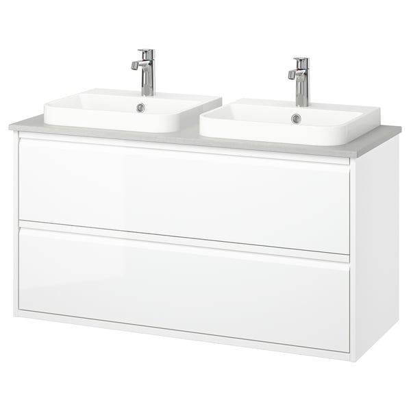 Modern white dual sink vanity with sleek handles, marble basin, chrome faucets.
