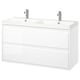 White modern dual sink vanity, wall-mounted with sleek handles, chrome faucets, and minimalist design.