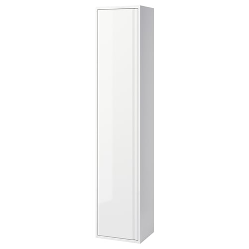 A tall, sleek white bathroom cabinet with a glossy finish and minimalist design. It stands vertically and has integrated handles.