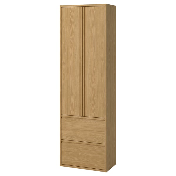 ÄNGSJÖN: tall wooden cabinet with drawers. Minimalist design in oak effect.