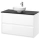 Modern white wall-mounted bathroom cabinet with black countertop and round basin.