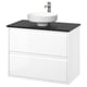 Modern white wall-mounted bathroom vanity with black countertop and round basin, sleek design.
