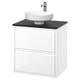 Modern white wall-mounted bathroom vanity with sleek black countertop and round white basin.