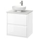 White wall-mounted modern bathroom vanity with round basin, sleek handles.