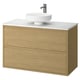 Modern wooden vanity, white marble top & bowl, chrome faucet. Wall-mount, two drawers. Oak finish.