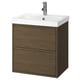 This image shows an ÄNGSJÖN wall-mounted bathroom vanity in brown oak with a white ceramic basin. It two drawers and a sleek, minimalist design.