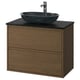 Modern wooden brown vanity with glass sink, wall-mounted, minimalist style.