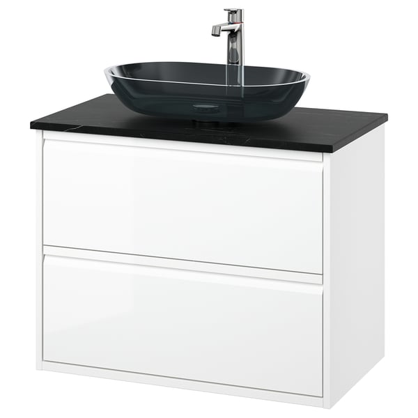 Modern white bathroom cabinet with dark glass sink, minimalist design, sleek handles, wall-mount or leg option, full drawer storage.