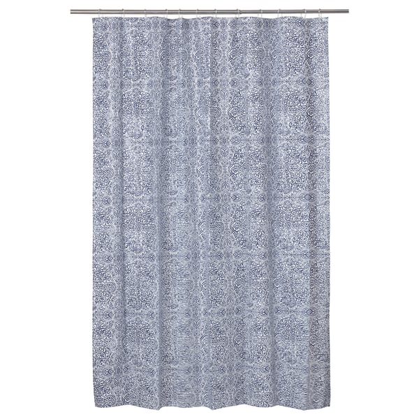 The ÄNGSKLOCKA shower curtain is blue and white medallion patterned, water-repellent peva.
