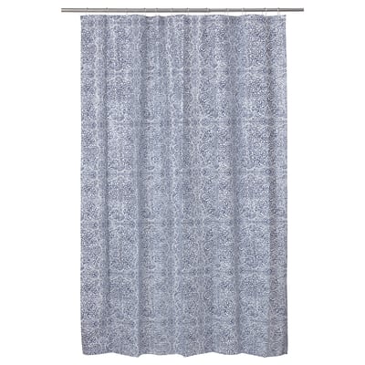 The ÄNGSKLOCKA shower curtain is blue and white medallion patterned, water-repellent peva.
