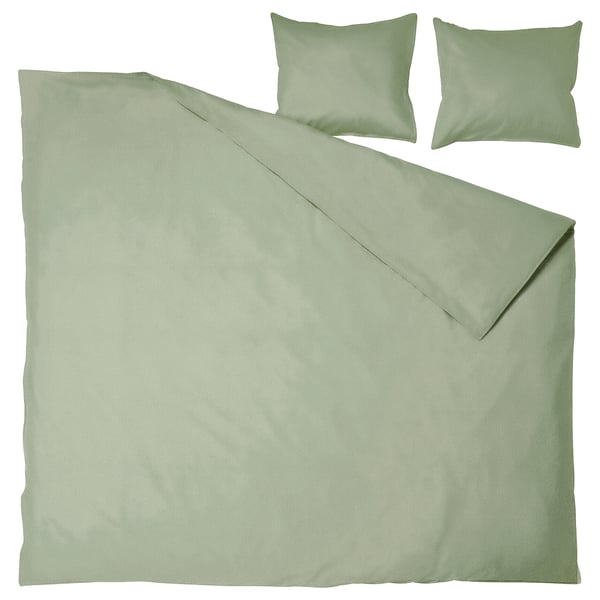Light green, minimalist bedding set featuring a duvet cover and two pillowcases, crafted from soft, breathable cotton.