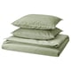 Green ÄNGSLILJA bed sheets, including duvet cover and pillowcases, neatly folded. Soft, pre-washed 100% cotton in earthy tone.