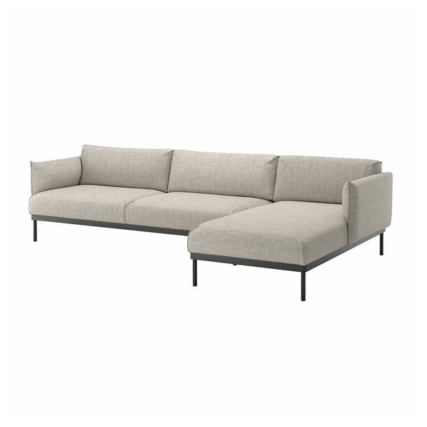 ÄPPLARYD light grey fabric u-shaped sofa with metal legs.