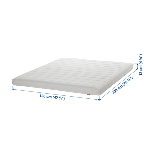 A grey ÅFJÄLL firm foam mattress. It measures 200 x 120 cm, with a 12 cm thickness, featuring a quilted washable cover.