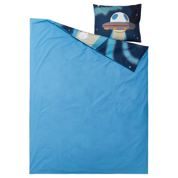 Blue alien duvet & pillow for kids room - cosy & eco-friendly