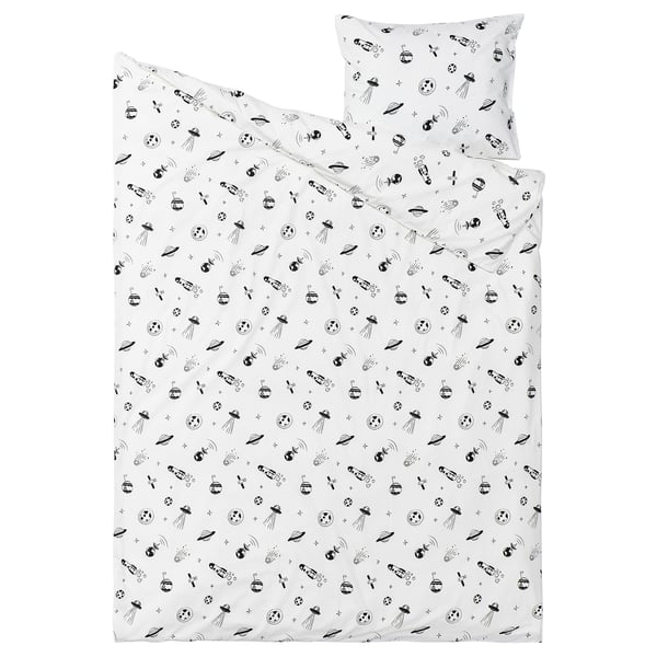 AFTONSPARV duvet & pillow in white with black spaceship & rocket patterns, cotton/viscose.