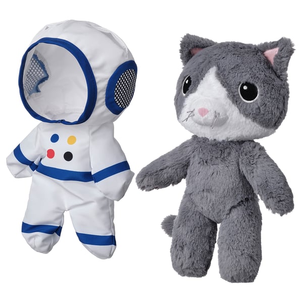 Two plush toys: grey cat & white astronaut, soft, embroidered eyes, standing pose.