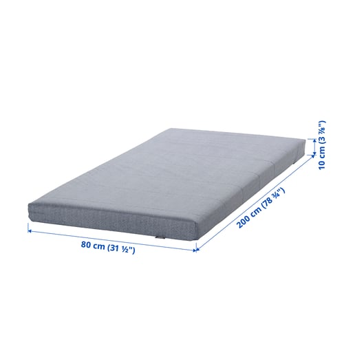 A grey ÅGOTNES foam mattress measuring 80x200 cm, displayed with dimensions and material details.