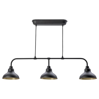 AGUNNARYD black ceiling lamp, 3 light shades with brass inner sides, hangs above table, modern design.